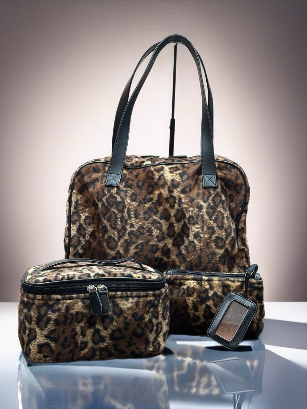 Leopard Print Travel Tote with Matching Cosmetic Case & Bag